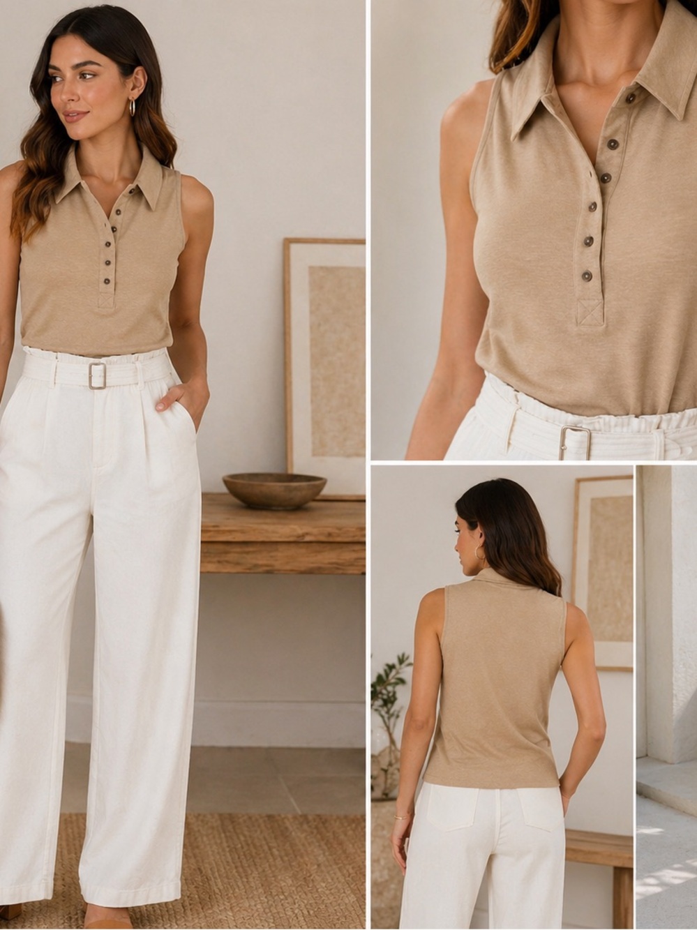 Banana Republic Beige Sleeveless Polo Top XS Ribbed Knit Button Front Summer - Picture 3 of 11